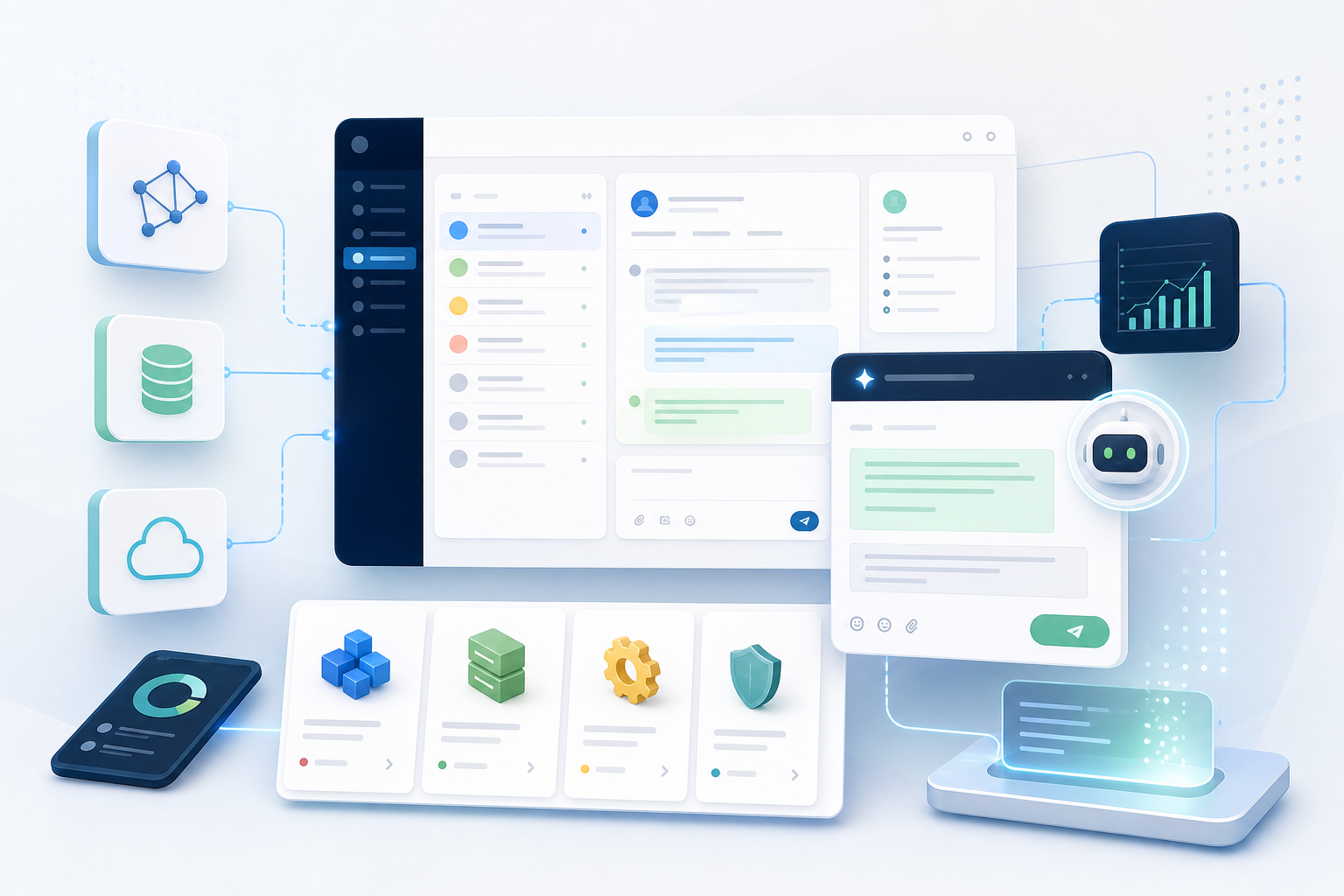 Abstract software dashboard showing connected business systems, workflows, and reporting panels